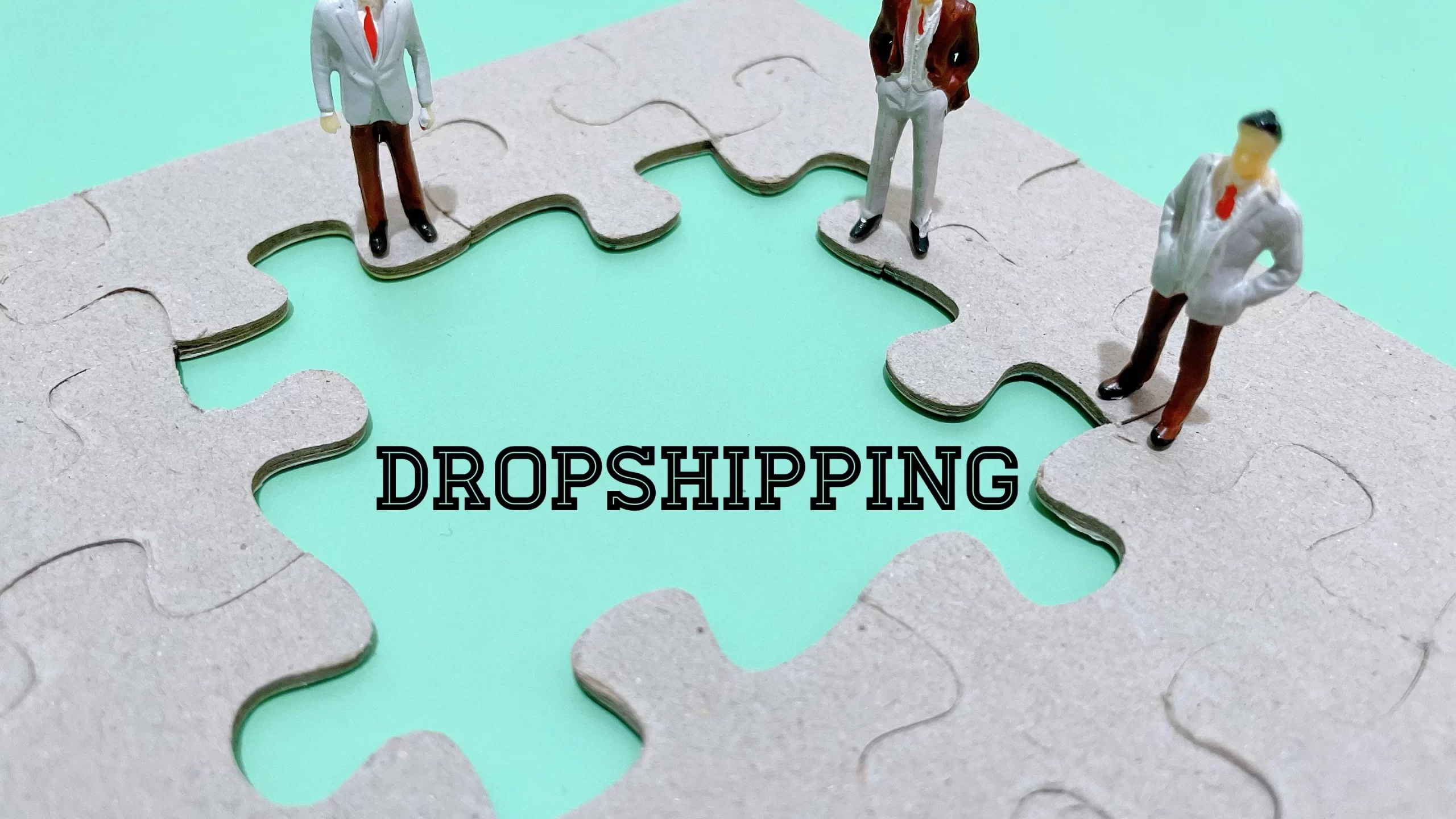 Figures standing on puzzle pieces with the word "dropshipping" in the middle