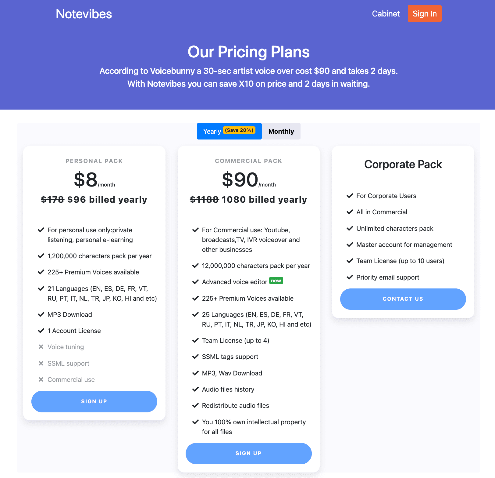 Notevibes pricing options