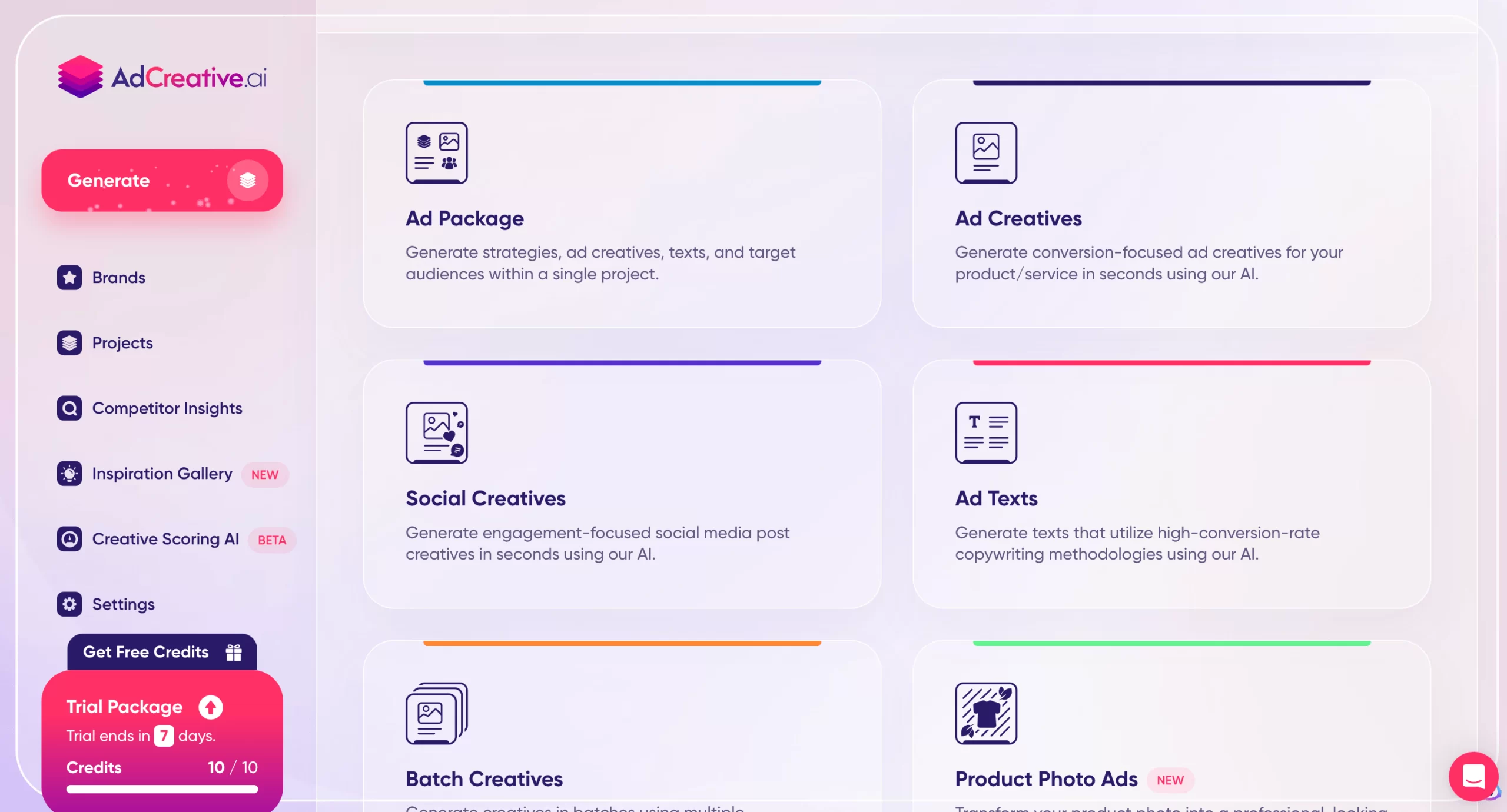 Screenshot of Ad Creative AI's dashboard and project types