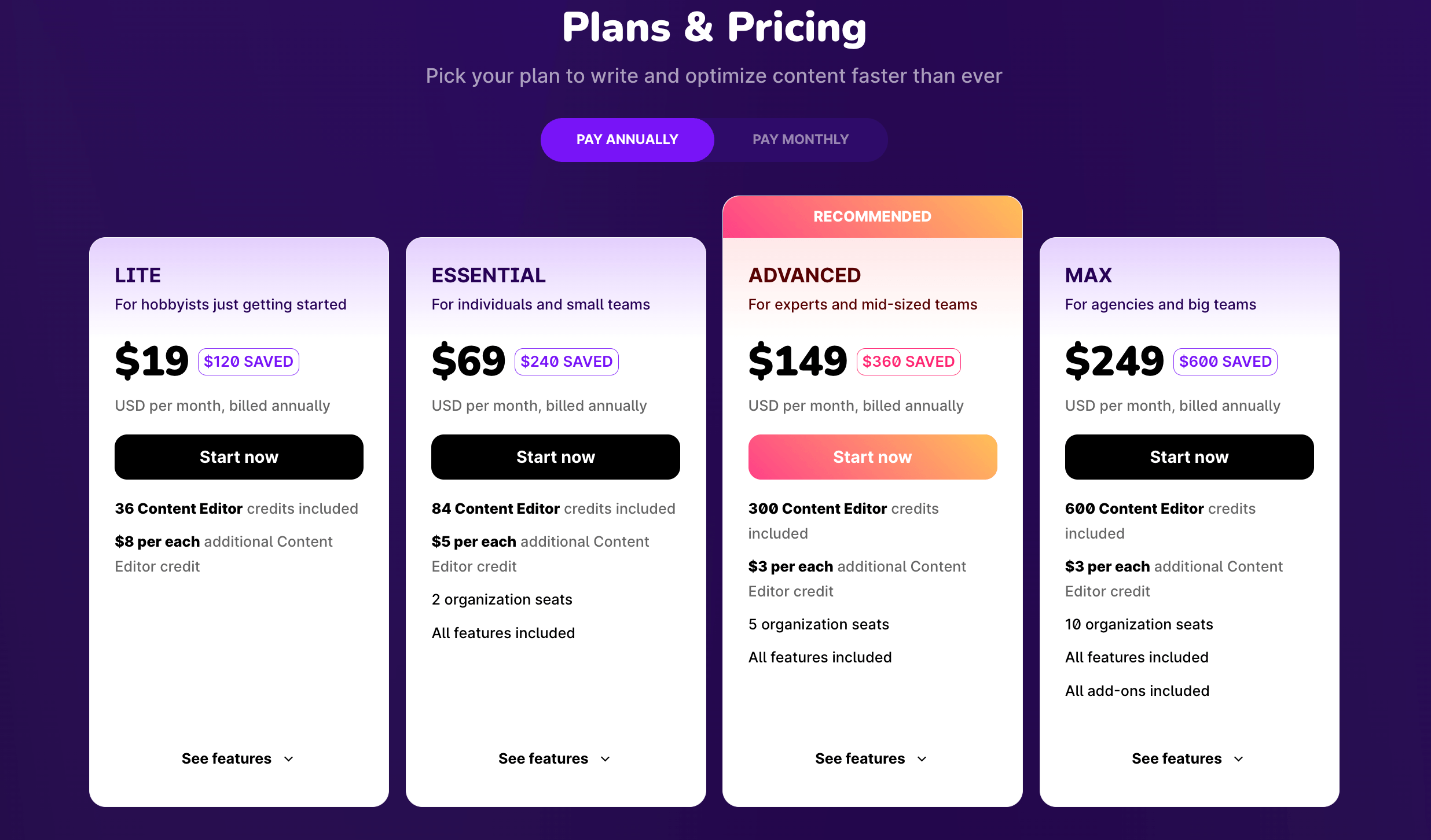 Surfer SEO's pricing options from their website