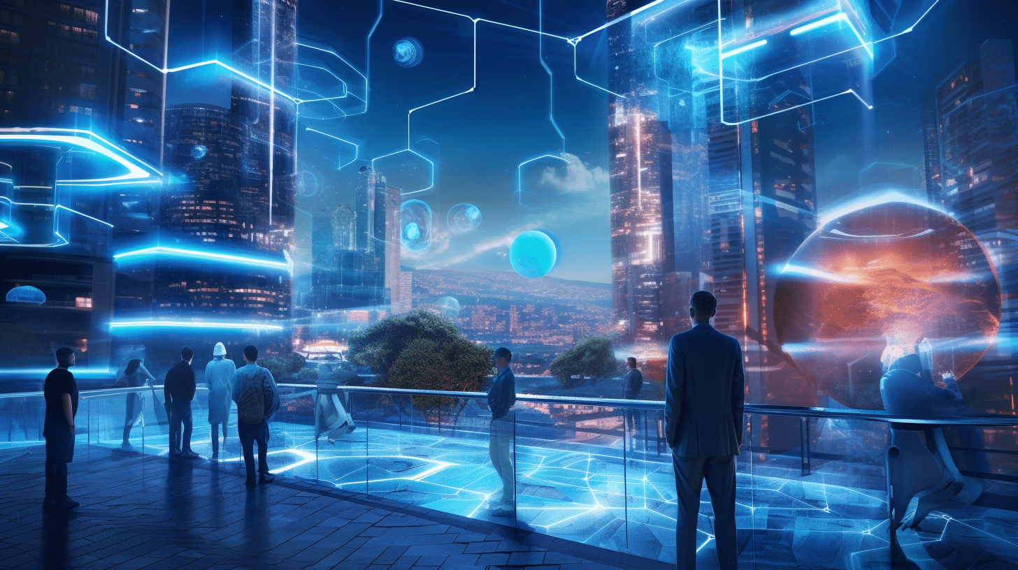 a futuristic image with holograms interacting with humans in a modern cityscape