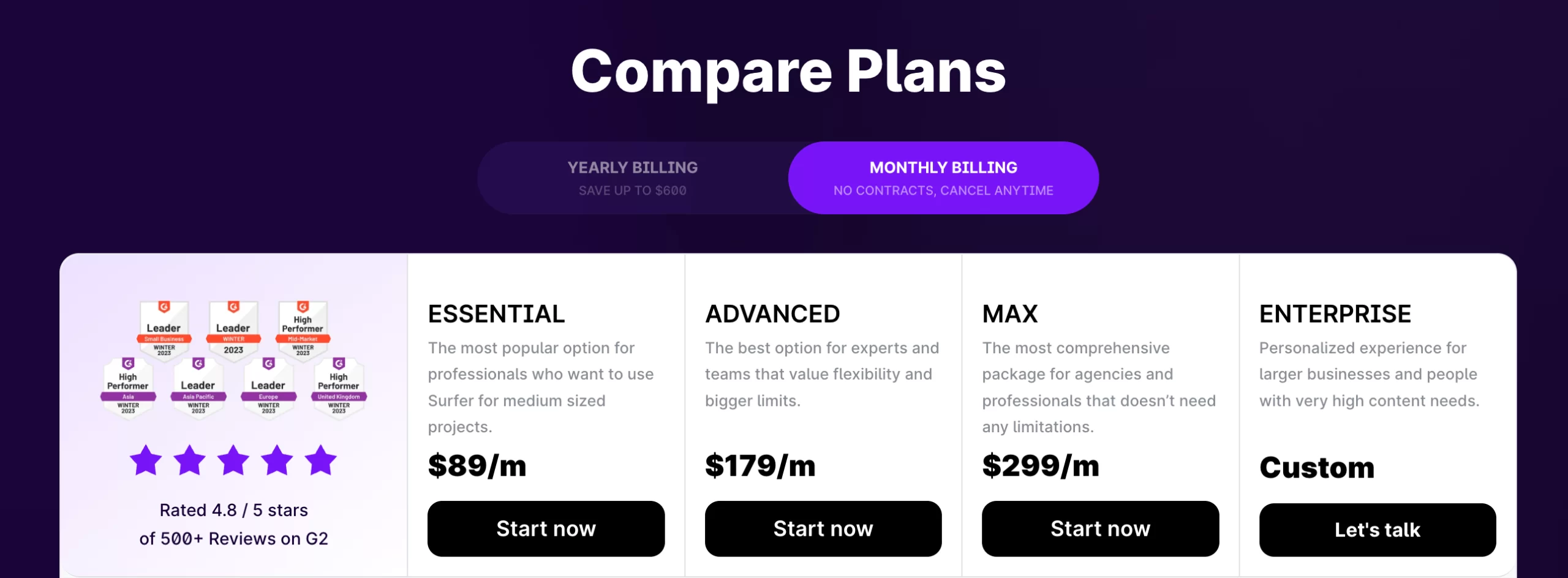 Surfer SEO's pricing info from July 2023