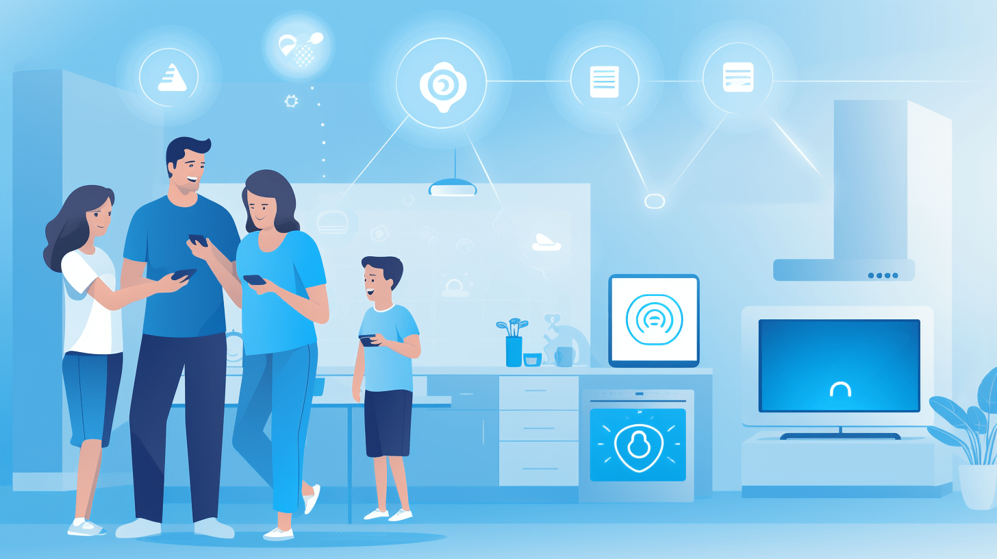 a happy family in a smart home interacting with a voice assistant, with various smart devices around