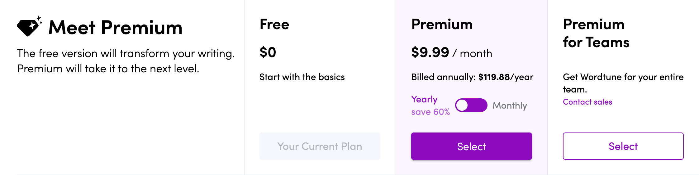 Pricing info from Wordtune's website