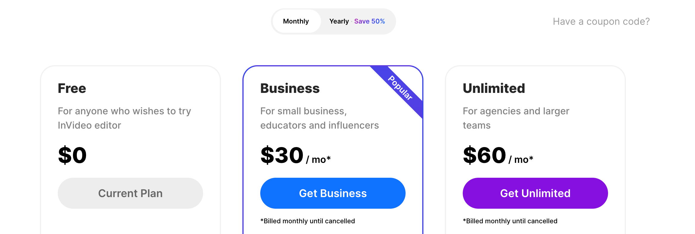 InVideo's pricing options - August 2023