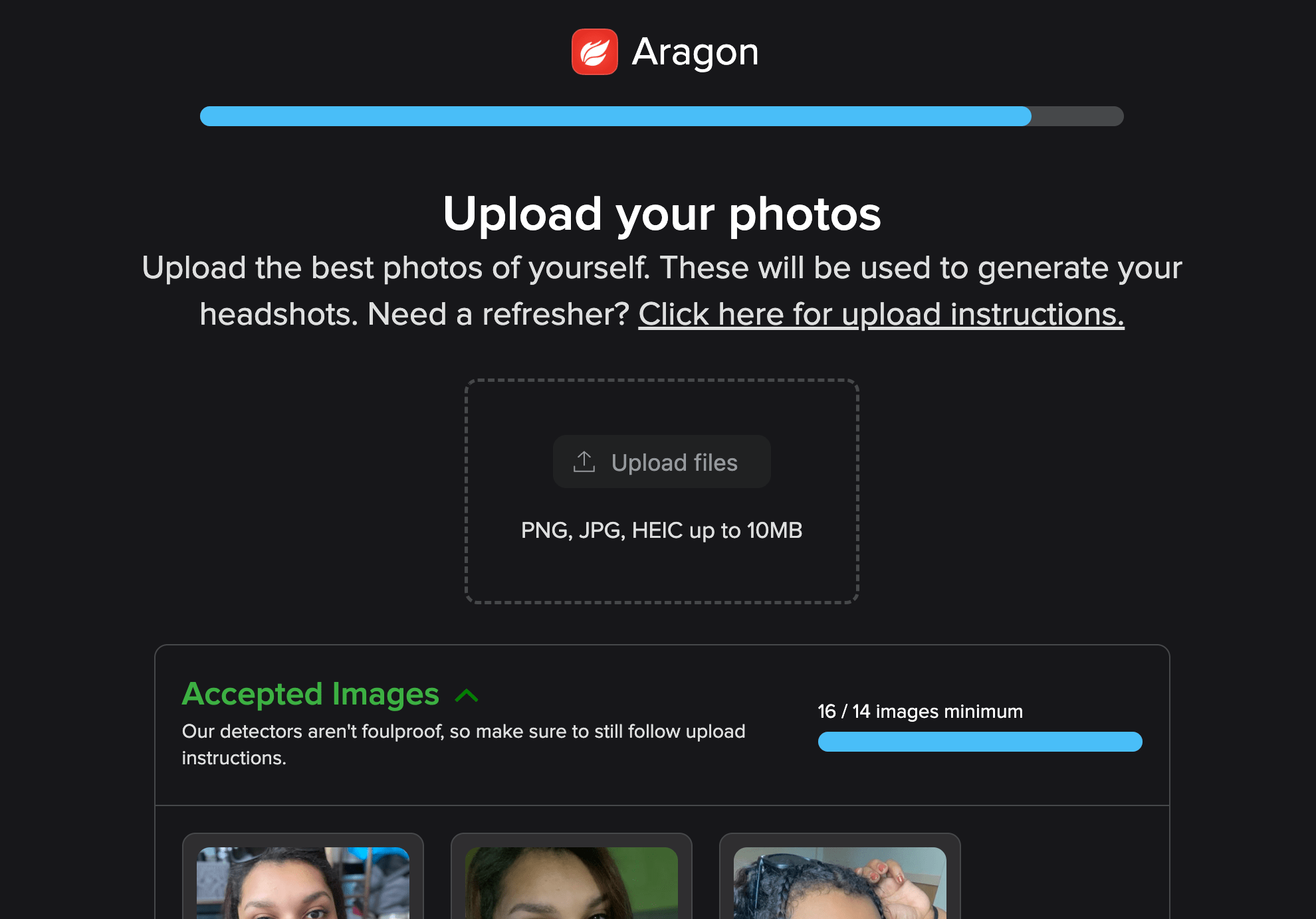 Screenshot of the process of uploading photos to Aragon AI