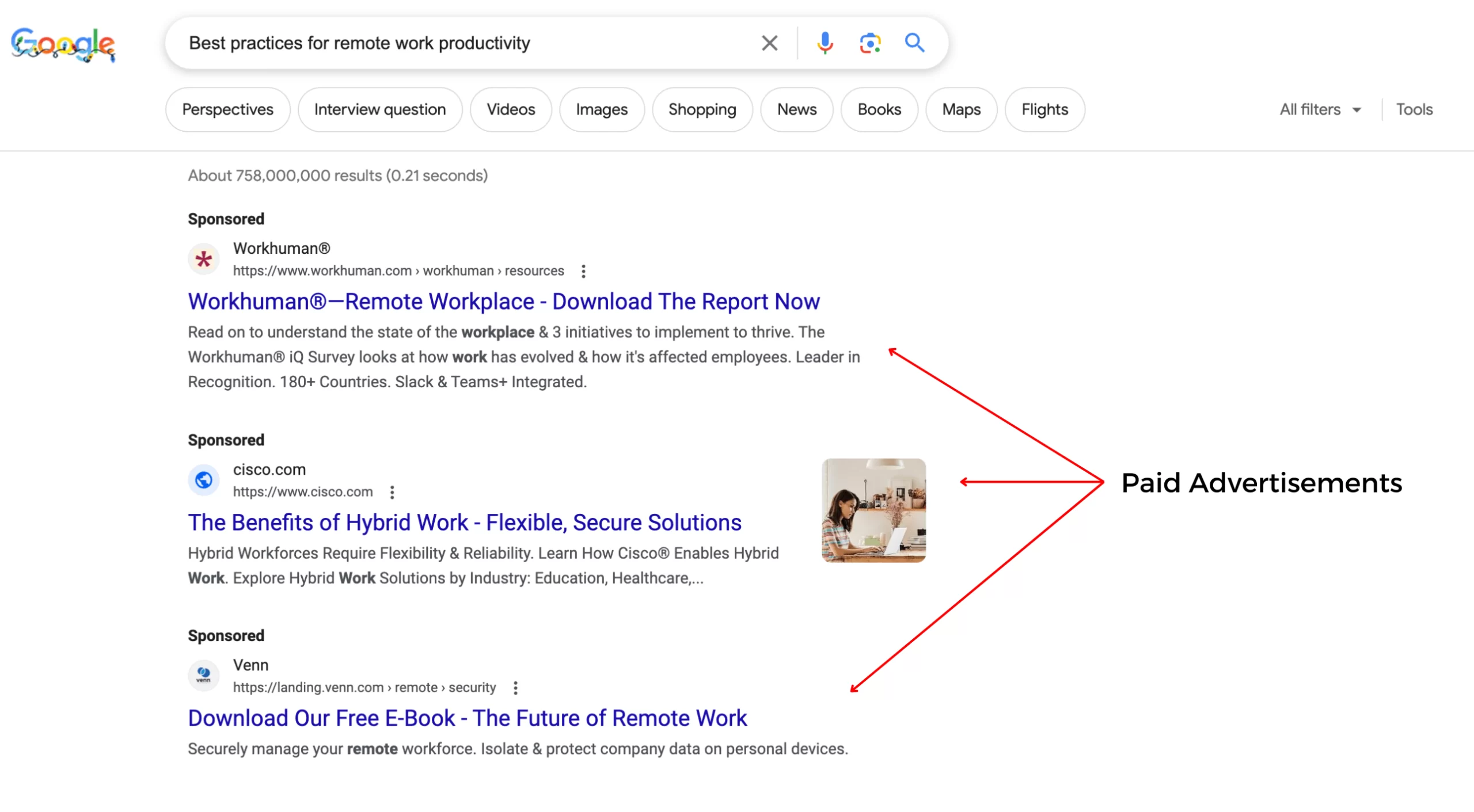 SERP highlighting examples of paid advertisements