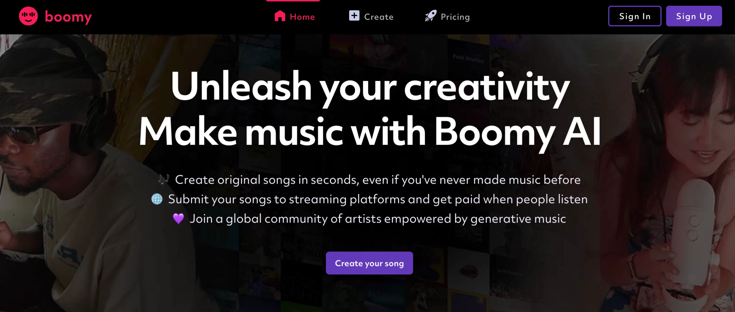 Screenshot of Boomy's Website Homepage (February 2024)