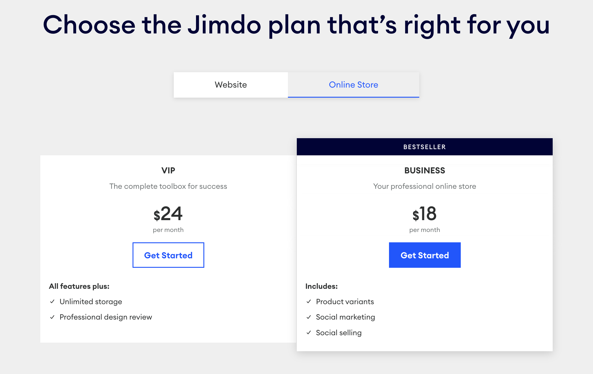 Jimdo's pricing for online store services
