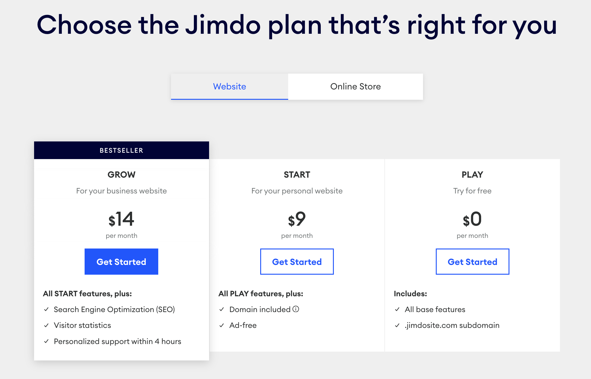 Jimdo's Pricing for Website services