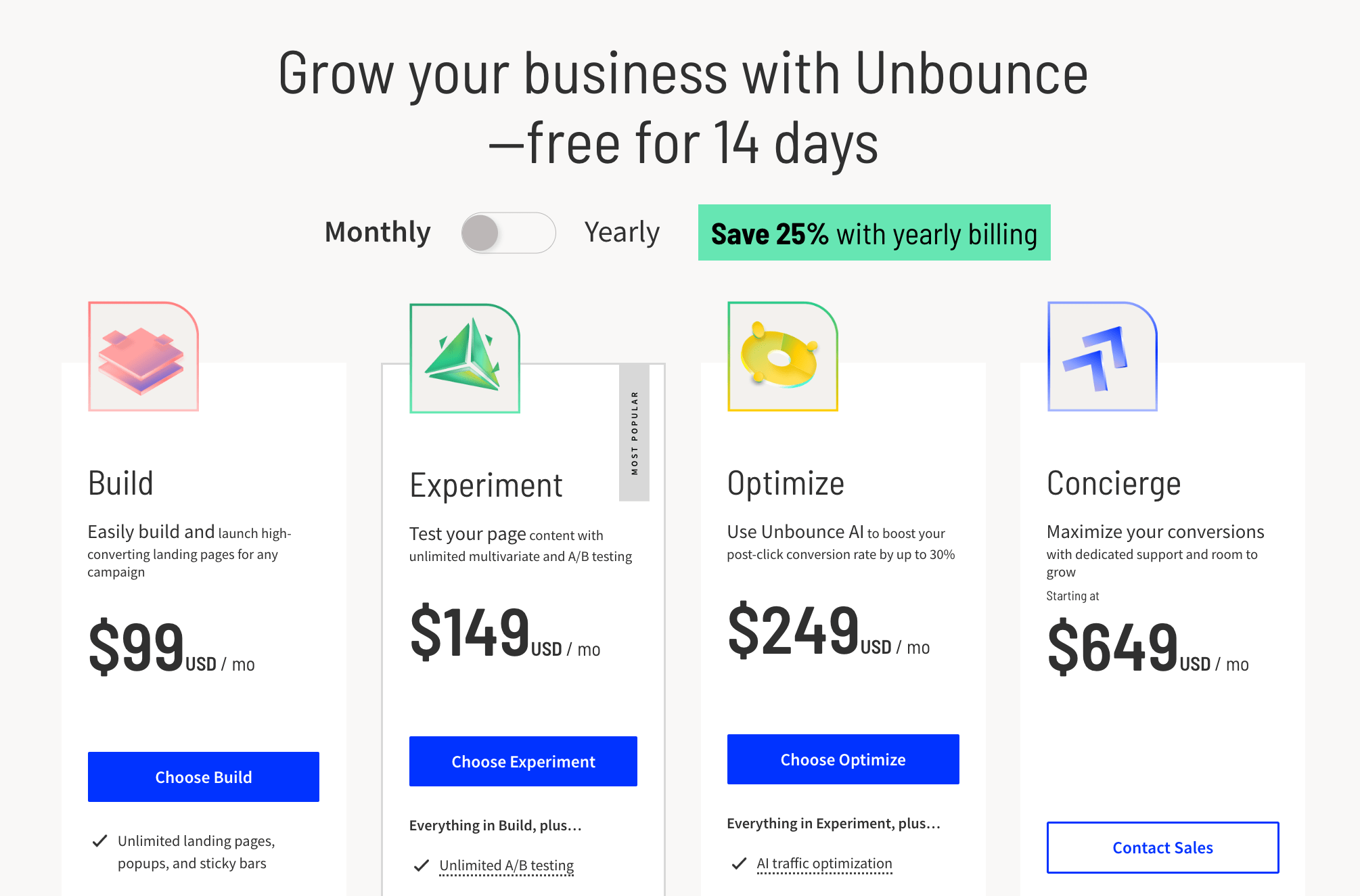 Unbounce's pricing options
